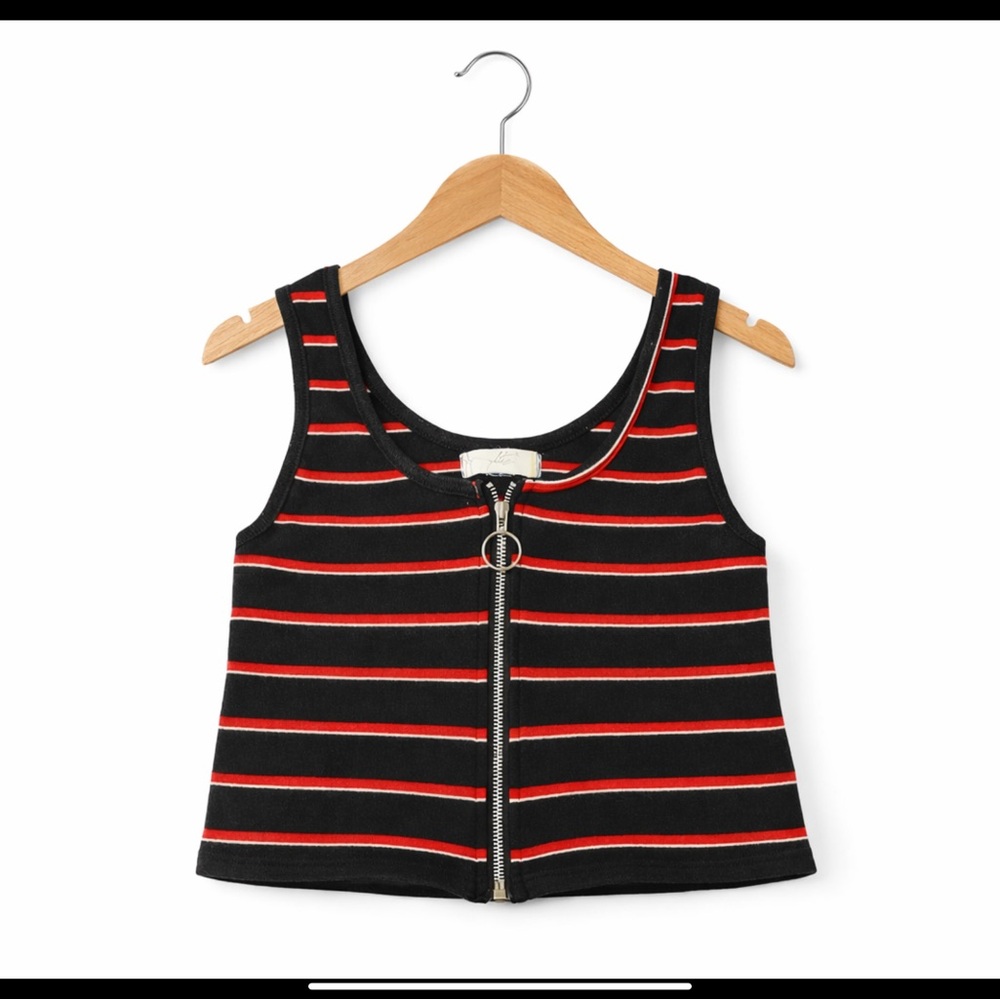 Glitz Black & Red Striped Cropped Zip-Front Tank Top Y2K Streetwear